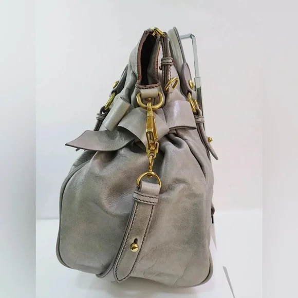 SOLD!!  MIU MIU Bow Bag Grey Leather Large 2-Way Shoulder Bag Crossbody Authen - Picture 3 of 13